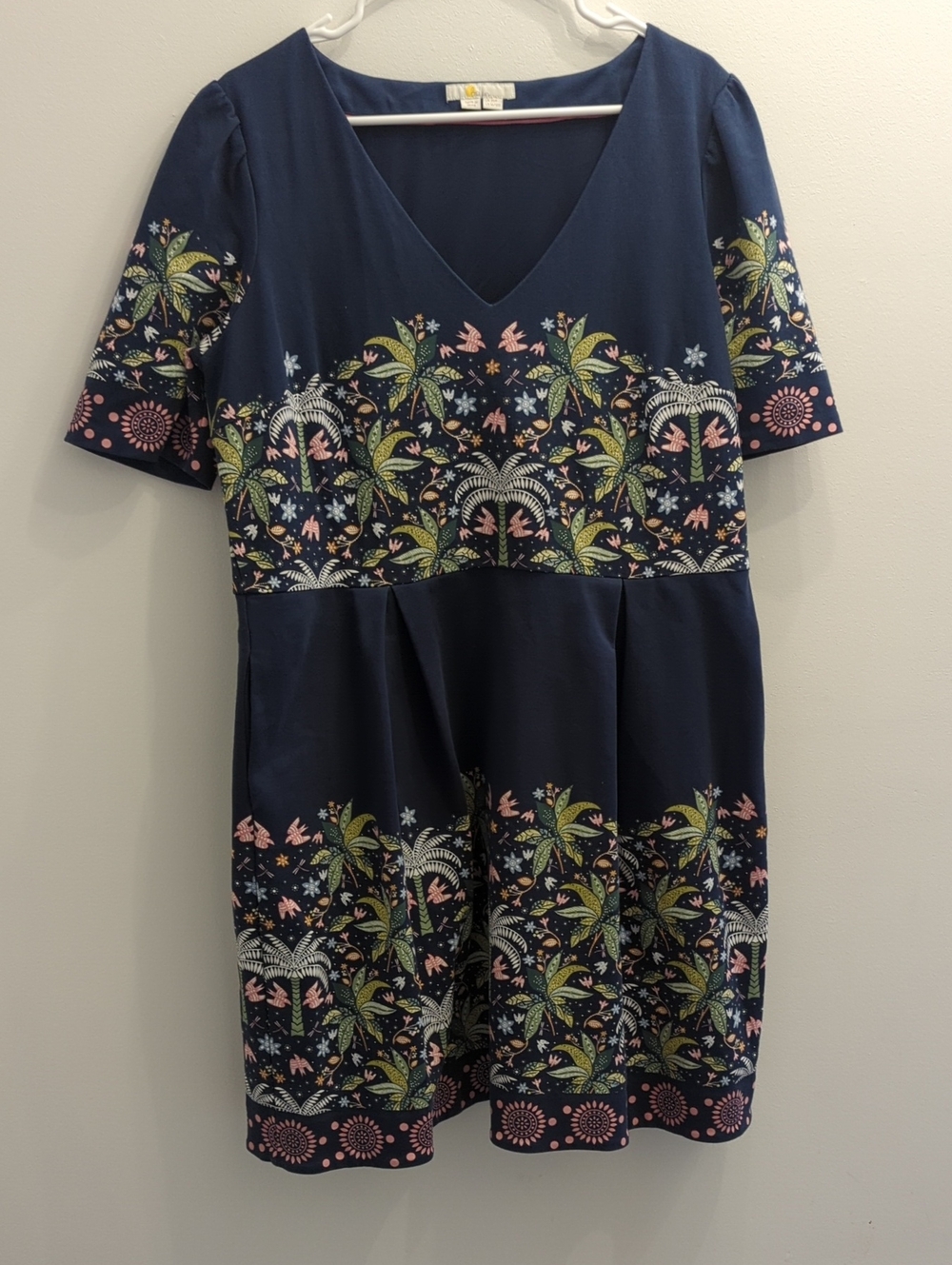 Boden Navy Midi Dress with Pink & Green Tropical Border (US 16/18R)